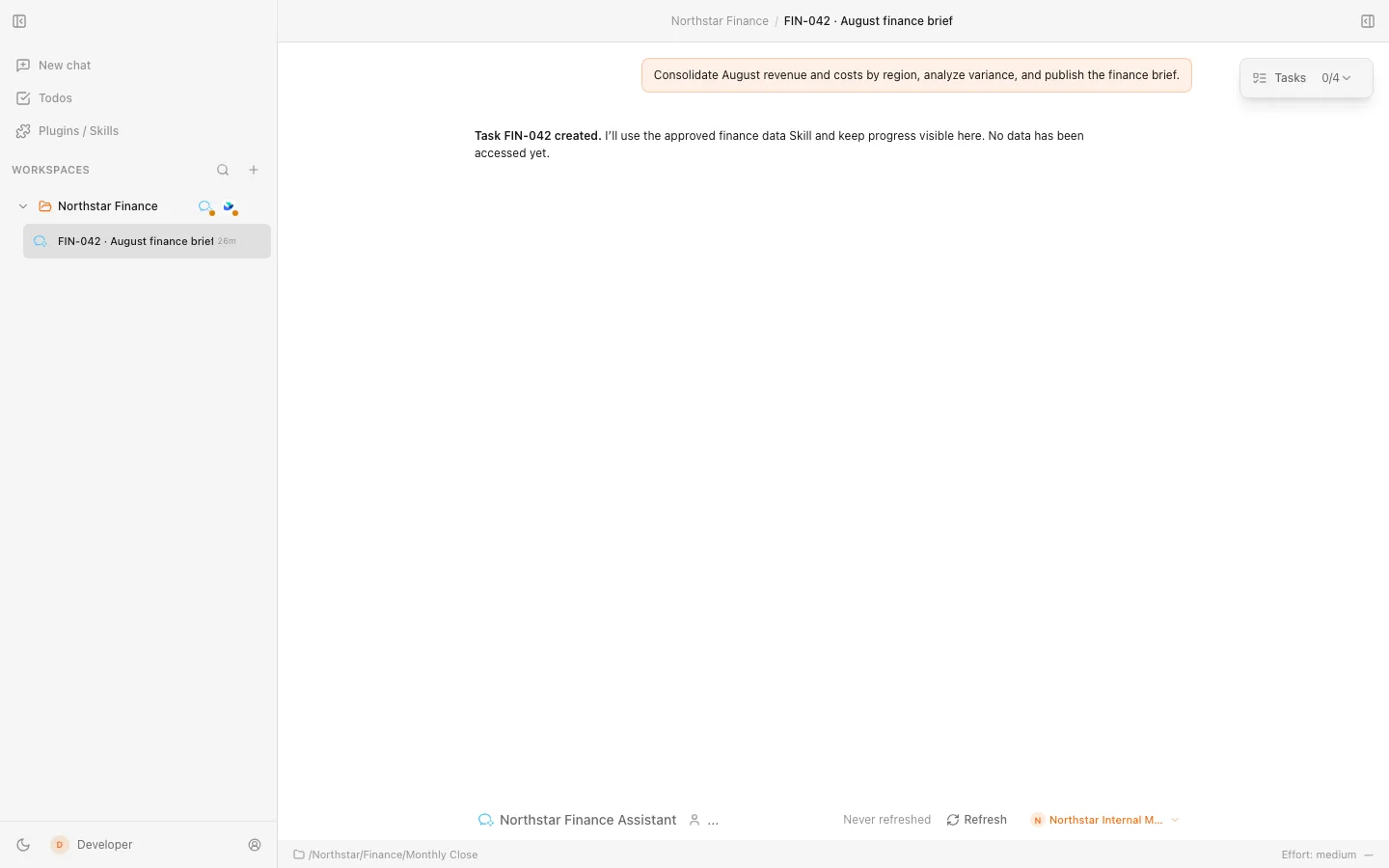 Comate 桌面应用中的 Northstar Finance 工作区：企业 IM 请求已创建为 FIN-042，并显示四步任务清单。